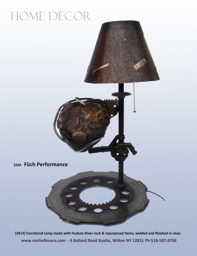 Sculpture Lamp, Füch Performance  (2013) Hudson River rock and  re-purposed items, welded and finished in clear.