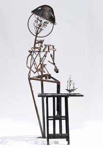 "Henry Hudson & the Half Moon", compass made from re-purposed metals, metal sculpture,
