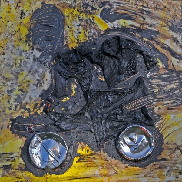 51. Spiritual Family (2006) 6'x 6', Tar clothing, hubcaps and oil on Canvas