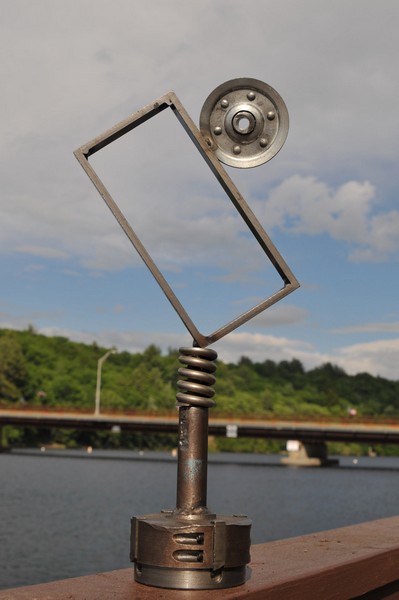 miChelle Vara, Metal Sculpture Detail: 149. Veneration (6-2016) 18”h x 10”w x 4”d, 1” x .25” flat stock mixed with found objects and tig welded together, finished in wax. Photographed- Corinth NY Beach. Photographed- Corinth NY Beach.