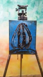 no.03. Blu Joy Tar and oil paint, Painted with a hubcap on canvas.
