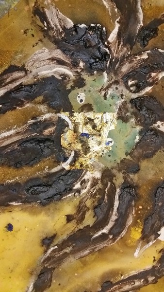 gold leaf, tar, oil paint on canvas.