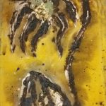 gold leaf, tar, oil paint on canvas.
