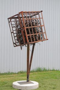 Weled metal sculpture, metaphore, outdoor metal sculpture, thinker space, Iron Sculpture, welded metal, Ballard Road Art Studio, Wilton NY, Michelle Vara