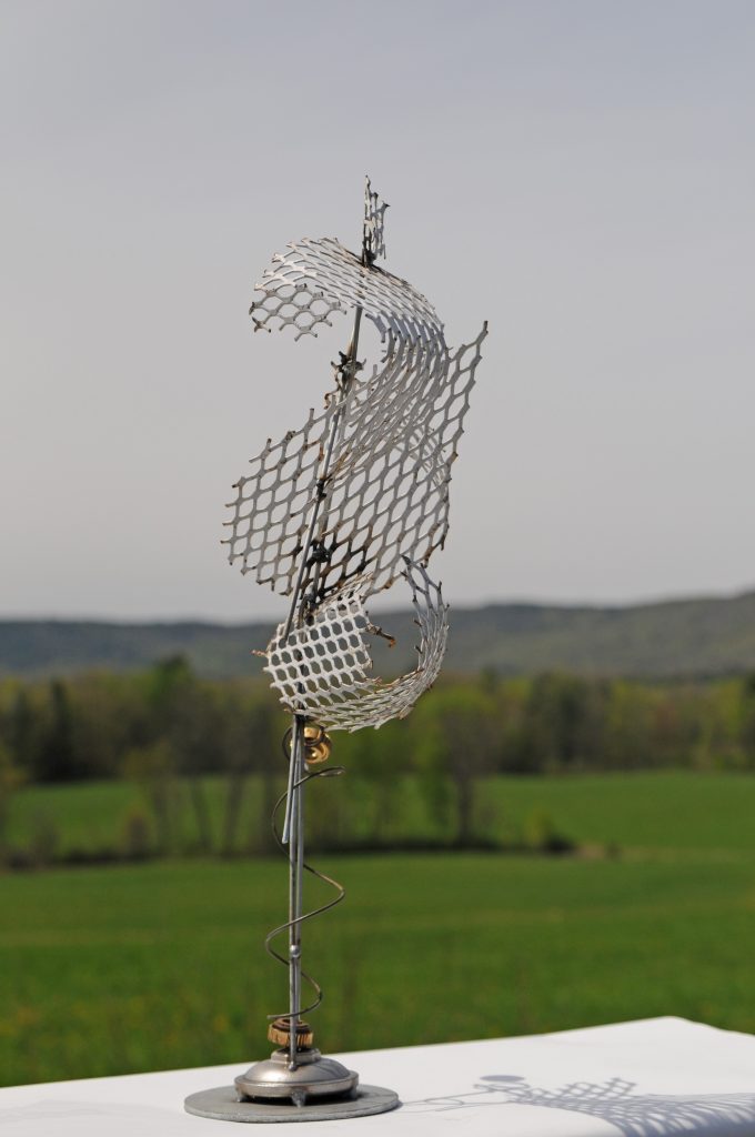 257. Traumatic Stress , 24” h x 12”, Aluminum, Stainless steel, mesh, valve release, temper spring, real estate sign stock, stainless, galvanized, steel, welded. Finish is intended to be RAW- found.