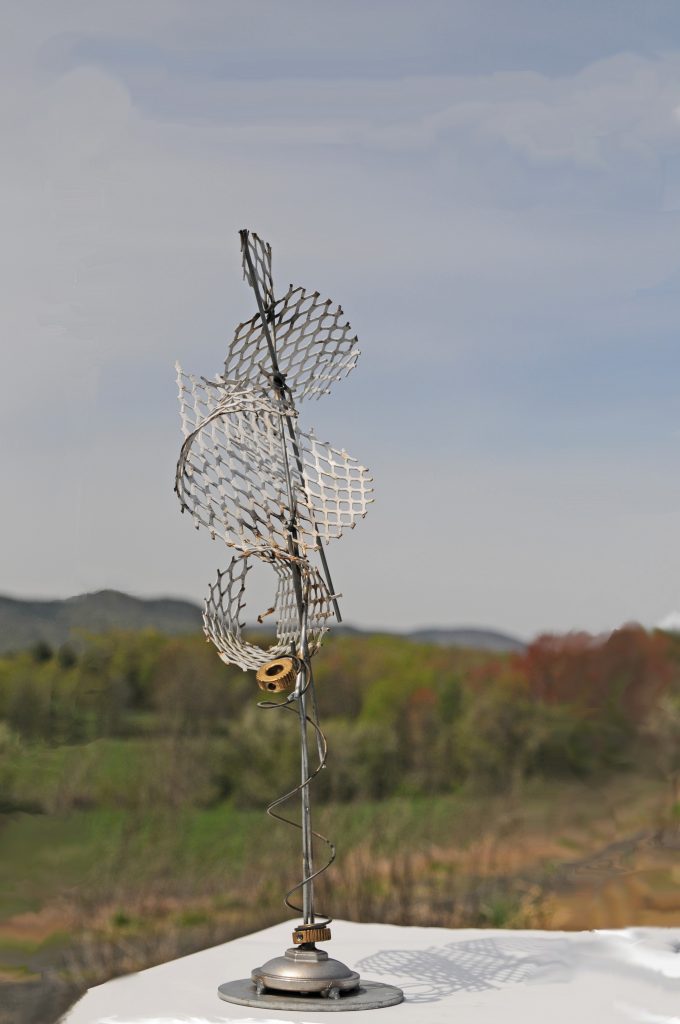 257. Traumatic Stress , 24” h x 12”, Aluminum, Stainless steel, mesh, valve release, temper spring, real estate sign stock, stainless, galvanized, steel, welded. Finish is intended to be RAW- found.