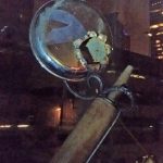 26” h x 18”, the Rolling pin was used in preperation of daily lunch at the Queensbury NY, high school for over 35 years. The antique water bottle was exploded as part to the Off the Table series, welded together with chandelier piece and structure, left in found finish.