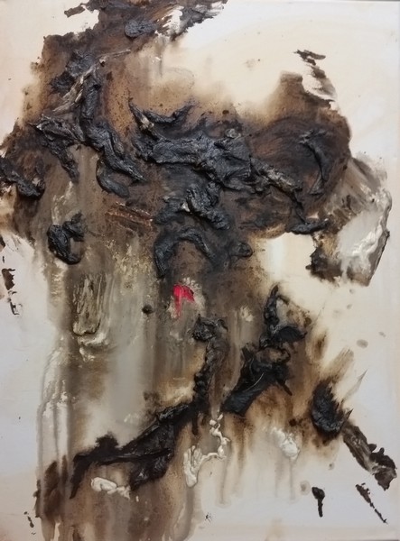144T_Heart, tar painting using hubcap as paintbrush