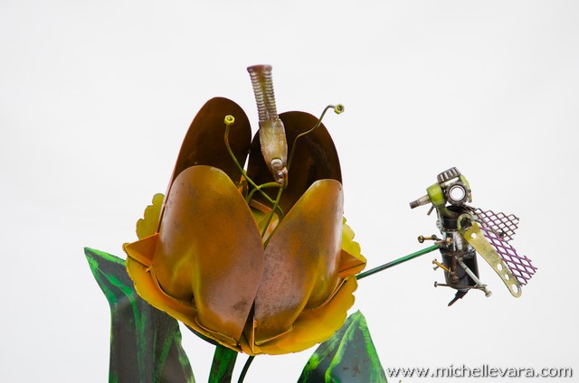Tulips & Bees sculpture made from reclaimed metal
