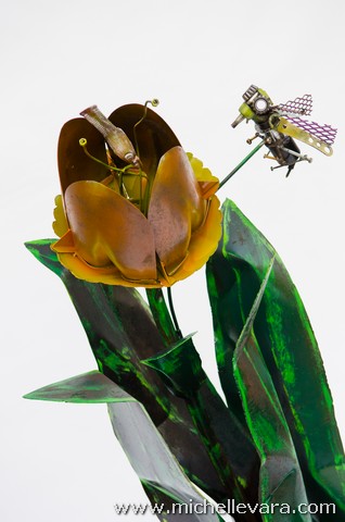 Tulips & Bees sculpture made from reclaimed metal