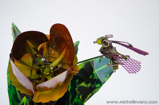 Tulips & Bees sculpture made from reclaimed metal