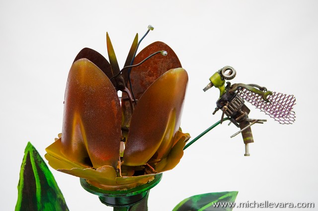 Tulips & Bees sculpture made from reclaimed metal