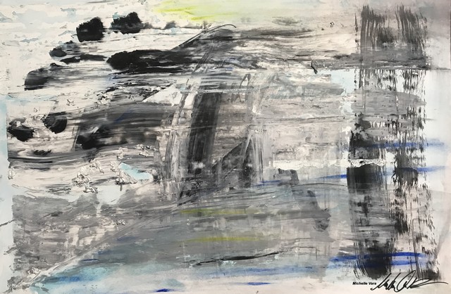 Kitchen window, Birds, Abstract oil painting, Blue, Gray, White, Yellow