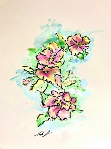 Botanical Watercolor Art - This technique is a hybrid crossing short-run handmade oil-based print and watercolor painting by Michelle Vara.