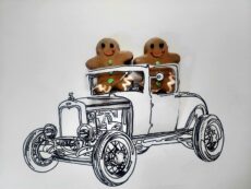 Ink drawing of a 1930 ford Model A Jalopy with baked with Gingerbread people riding.