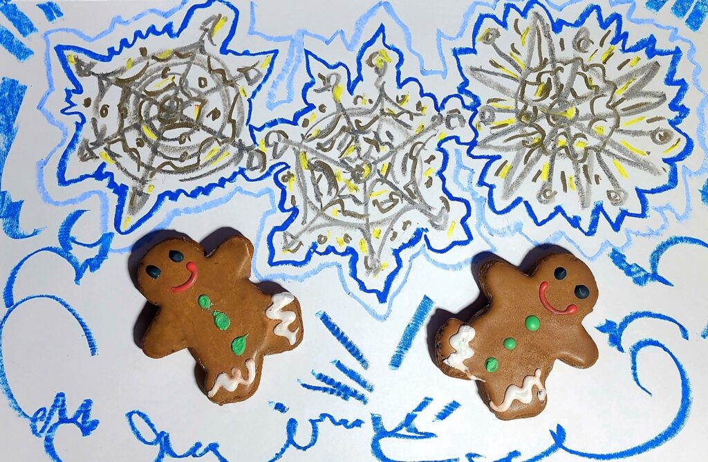 Gingerbread Snowy Winter Vibes. Gingerbread on oil drawing.