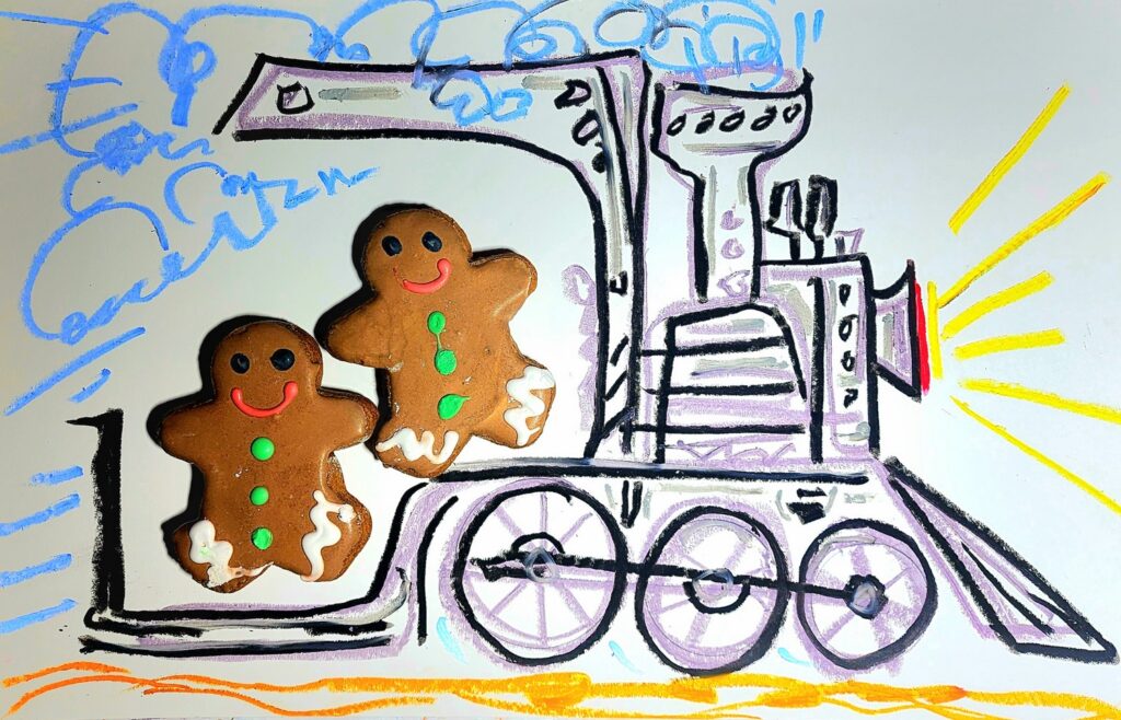 "All aboard for holiday cheer!" - Gingerbread people riding the train